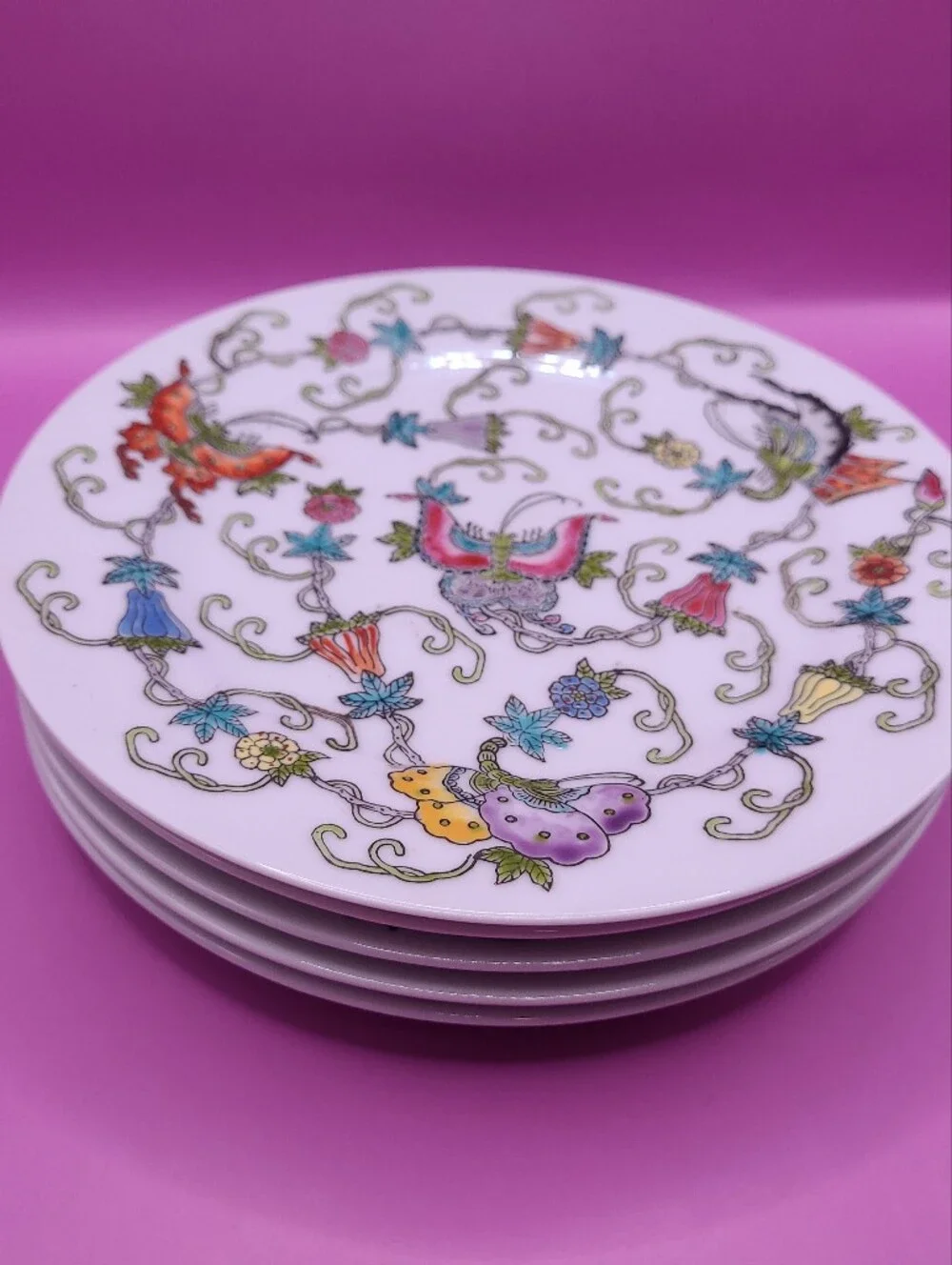 Mid Century Jingdezhen Zhongguo Butterfly Flower Salad Plate Set 5 Hand Painted